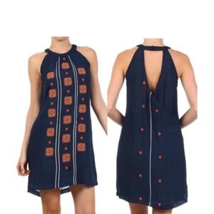 THML Navy Blue Embroidered Halter Shift Dress Womens Large Boho Summer
